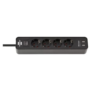 Brennenstuhl - Prelungitor Ecolor cu 4 prize, 2 USB si intrerupator, H05VV-F 3G1.5, negru, 1.5m [1153240006]